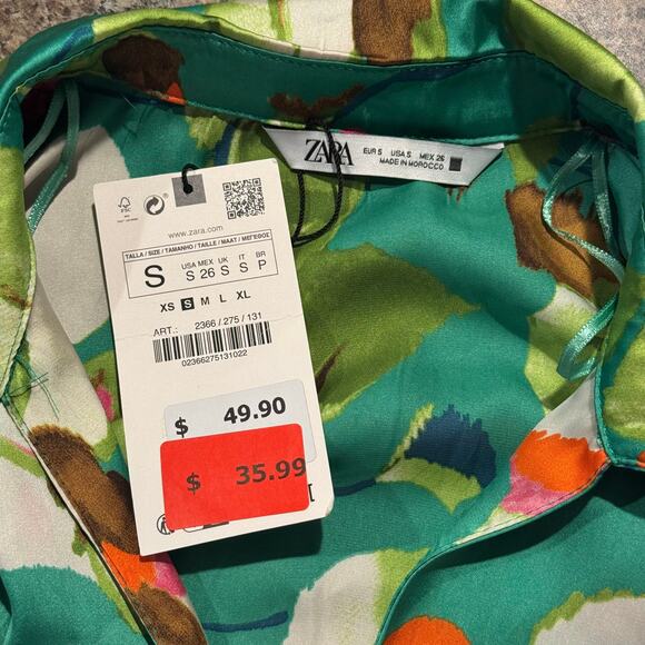 NWT Zara Shirt Dress Boho Garden Party Feminine Floral Satin Belted Green Small - Picture 3 of 6